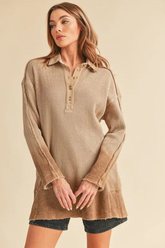 Aemi+Co Waffle-Knit Frayed Hem Button Detail Top OAT