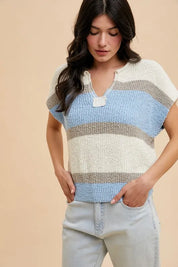 IVORY DENIM BLUE XL Annie Wear Low Gauge Color Block Textured Sweater Top | Sweaters Daverri Fashions