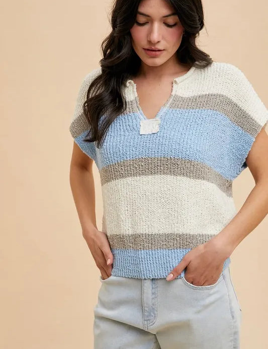 IVORY DENIM BLUE XL Annie Wear Low Gauge Color Block Textured Sweater Top | Sweaters Daverri Fashions
