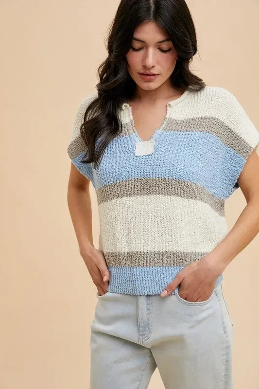 Annie Wear Low Gauge Color Block Textured Sweater Top - DAVERRI FASHIONS