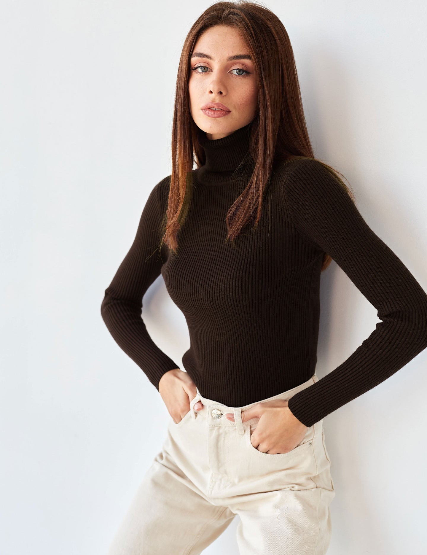 Brown Free Size Women's Knit Turtleneck Pullover | Sweaters Daverri Fashions