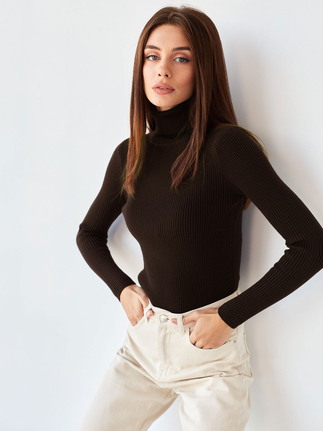 Brown Free Size Women's Knit Turtleneck Pullover | Sweaters Daverri Fashions