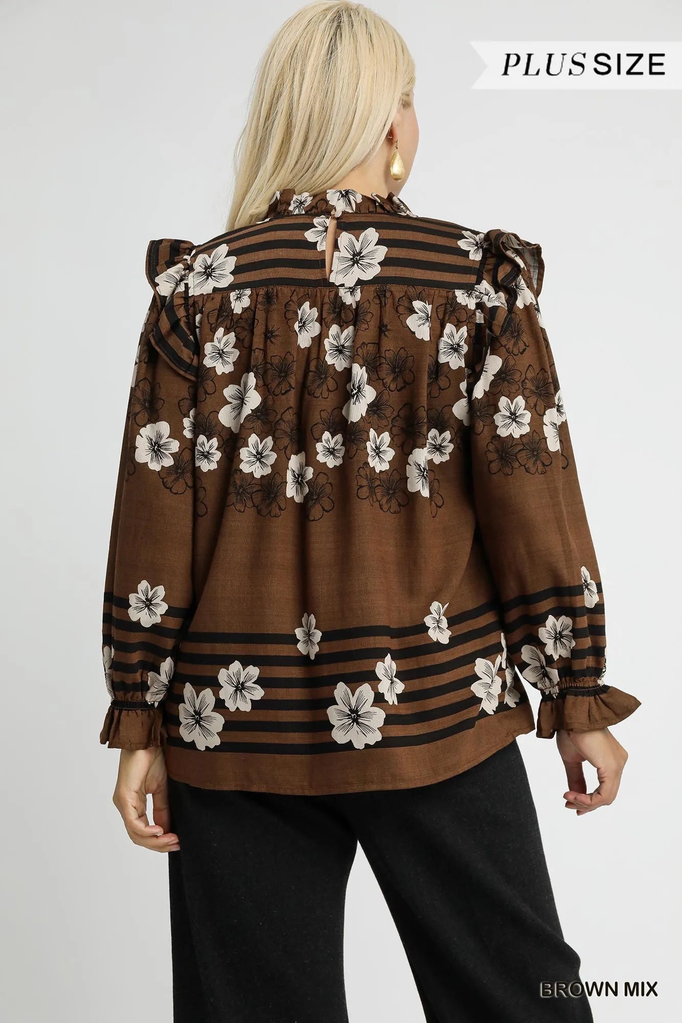 Umgee Full Size Mix Floral Smocked Ruffle Blouse Plus Size Tops