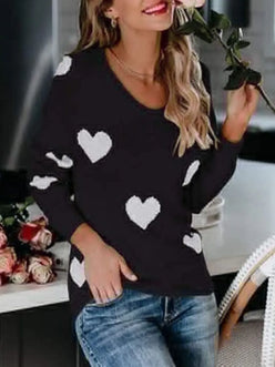Black long-sleeved Heart Scoop Neck Sweater with white heart patterns