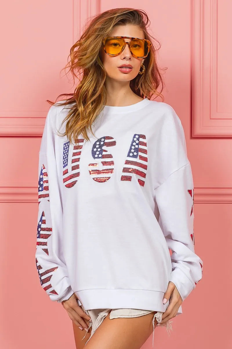 BiBi American Flag USA and Star Sequin Sweatshirt Sweatshirts