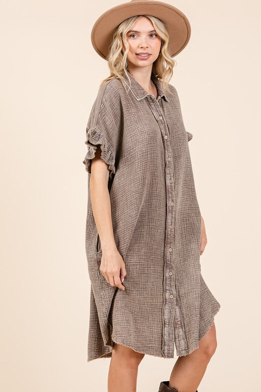 Mittoshop Mineral Wash Cotton Gauze Mini Shirt Dress Mini Dresses