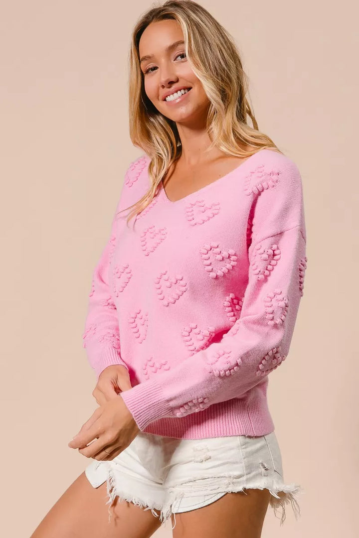 BiBi Valentines Heart Pompom V Neck Knit Top | Knit Tops Daverri Fashions