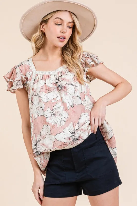 Lime 'N' Chili Floral Print Lace Trim Ruffle Cap Sleeve Top
