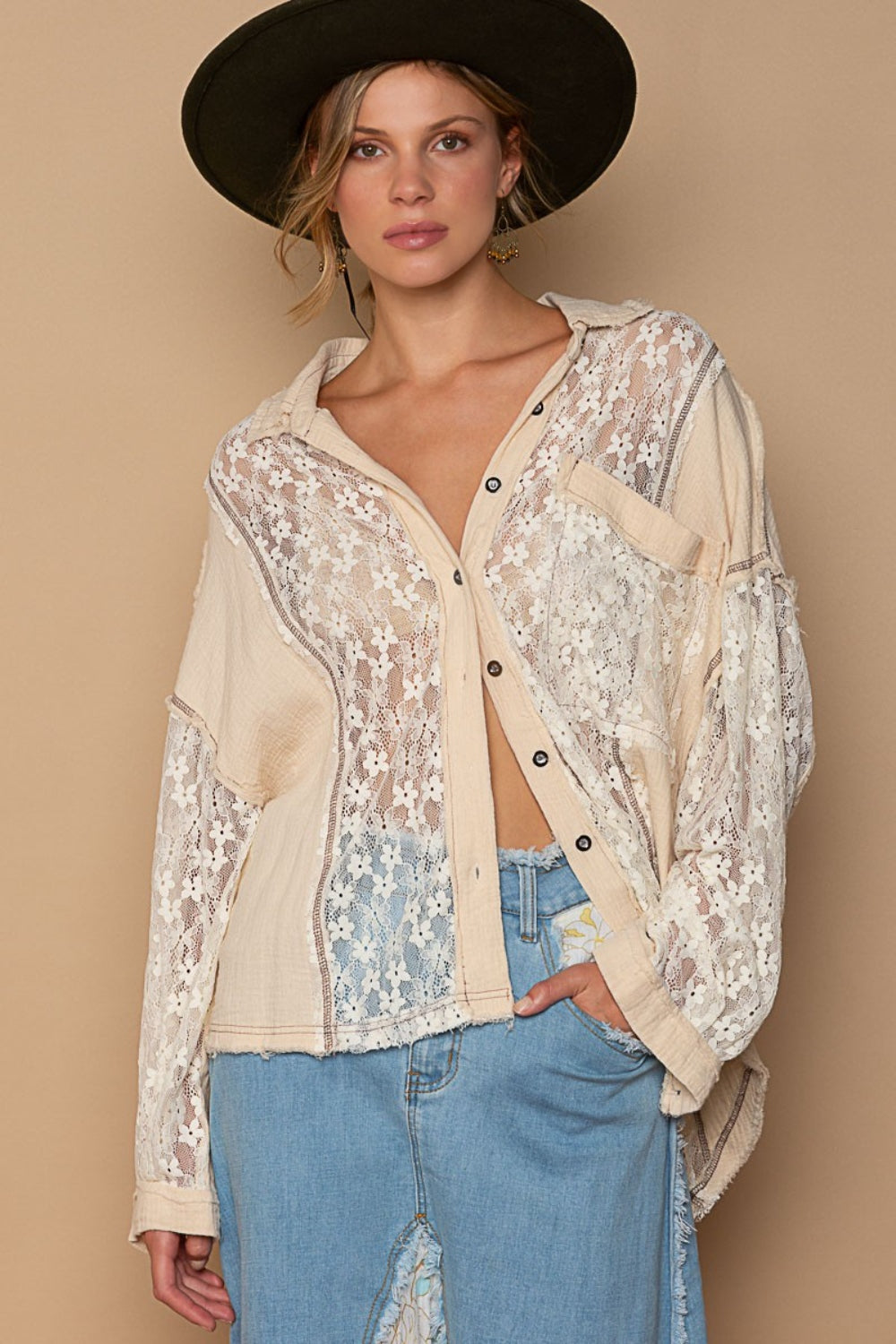 POL Oversize Lace Button-Down Shirt Sand