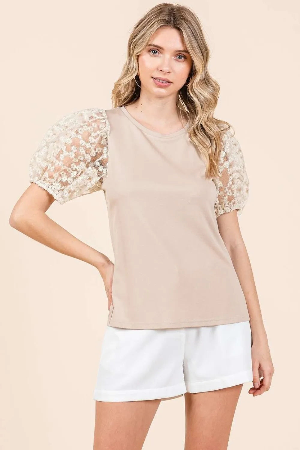 Mittoshop beige round neck top with sheer lace puff sleeves