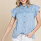 Lime 'N' Chili Mineral Wash Flutter Sleeve Button Down Shirt