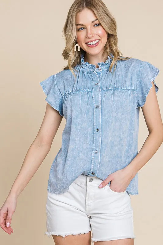 Lime 'N' Chili Mineral Wash Flutter Sleeve Button Down Shirt