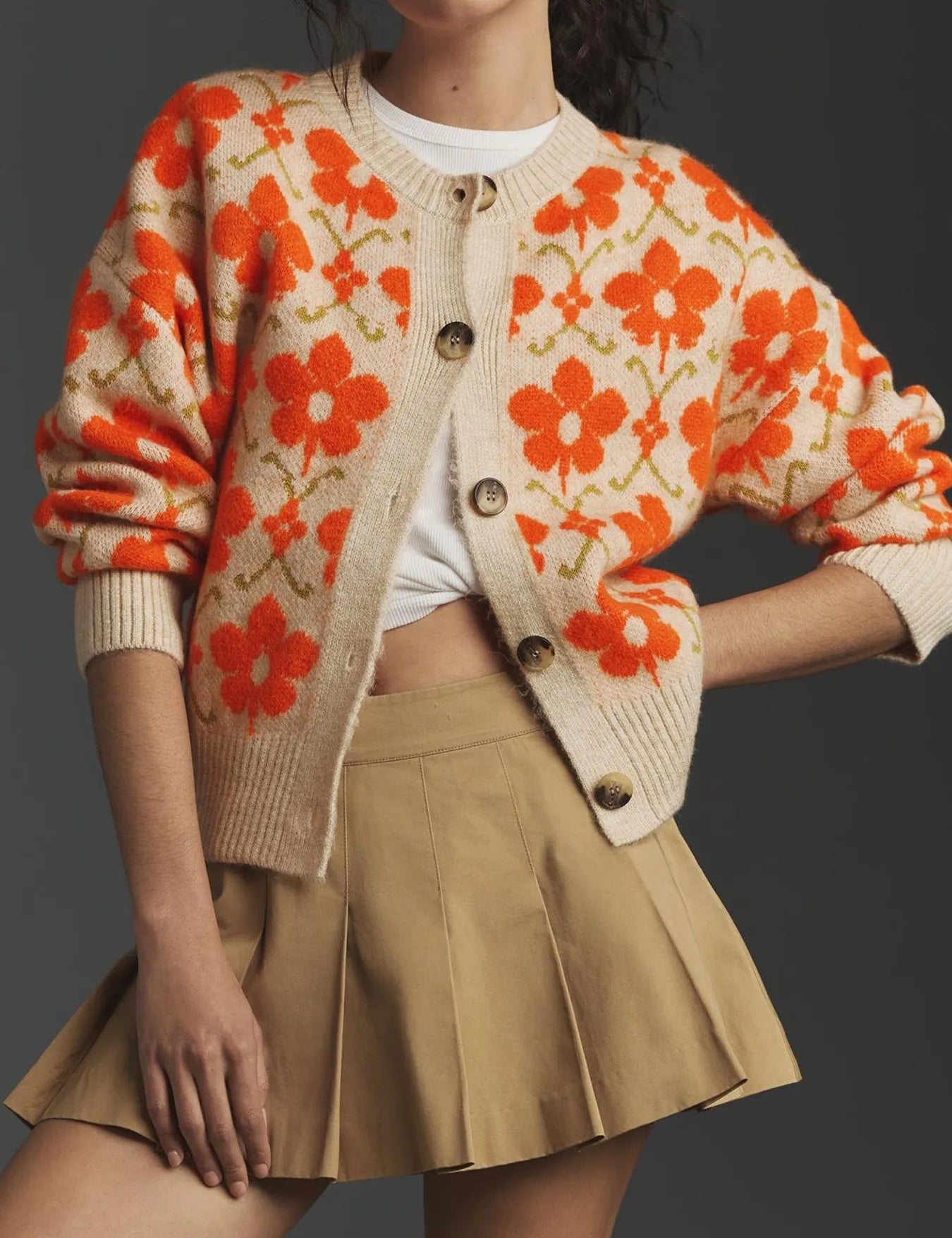 Beige Flower Button Up Long Sleeve Cardigan | Cardigans Daverri Fashions