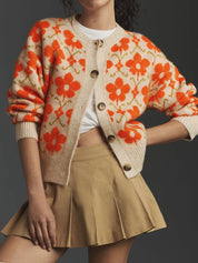 Beige Flower Button Up Long Sleeve Cardigan | Cardigans Daverri Fashions