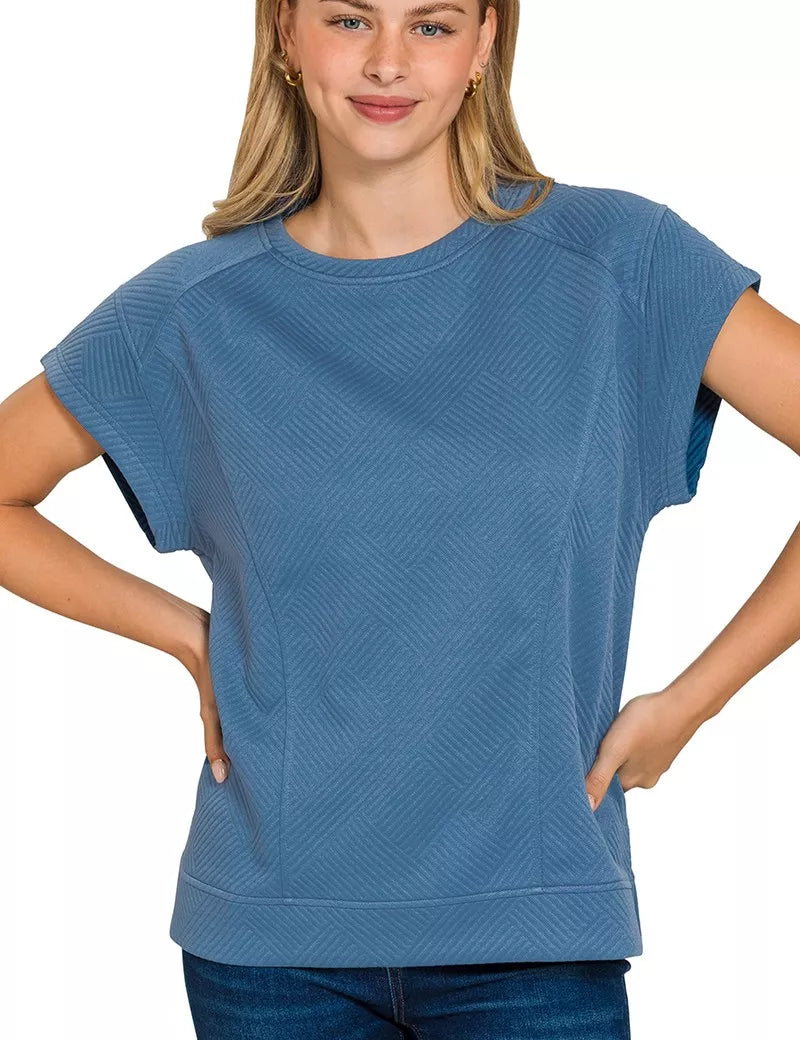 DUSTY BLUE Zenana Textured Knit Jacquard Short Sleeve Top | Daverri Fashions