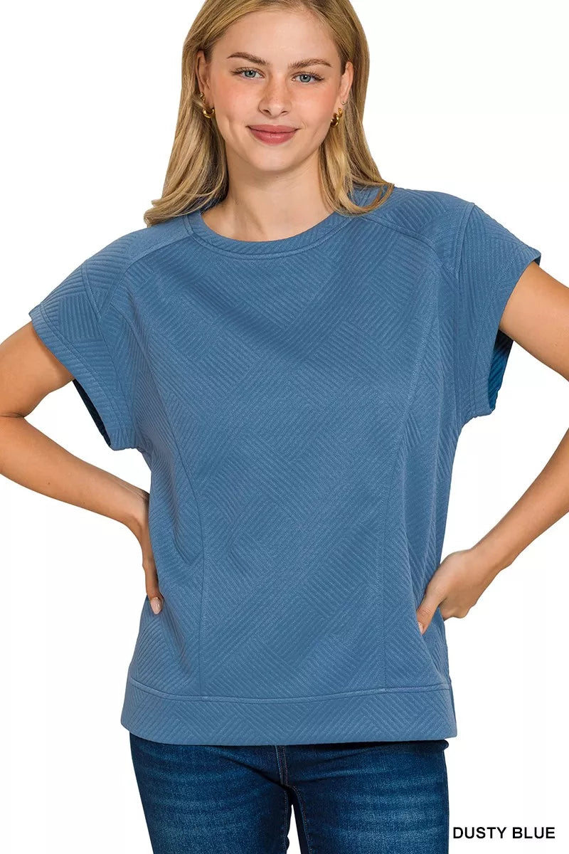 DUSTY BLUE Zenana Textured Knit Jacquard Short Sleeve Top | Daverri Fashions