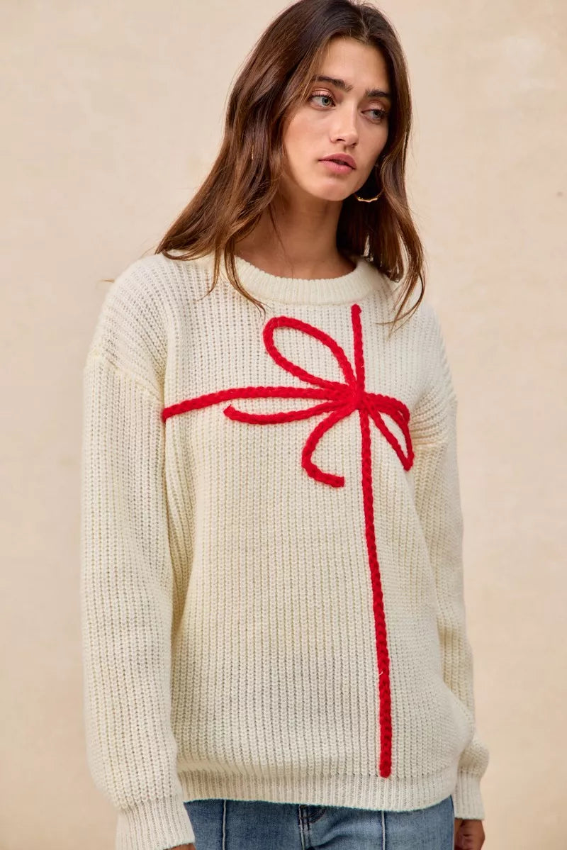 BiBi Christmas Ribbon Bow Embroidery Sweater | Sweaters Daverri Fashions
