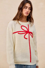 BiBi Christmas Ribbon Bow Embroidery Sweater | Sweaters Daverri Fashions