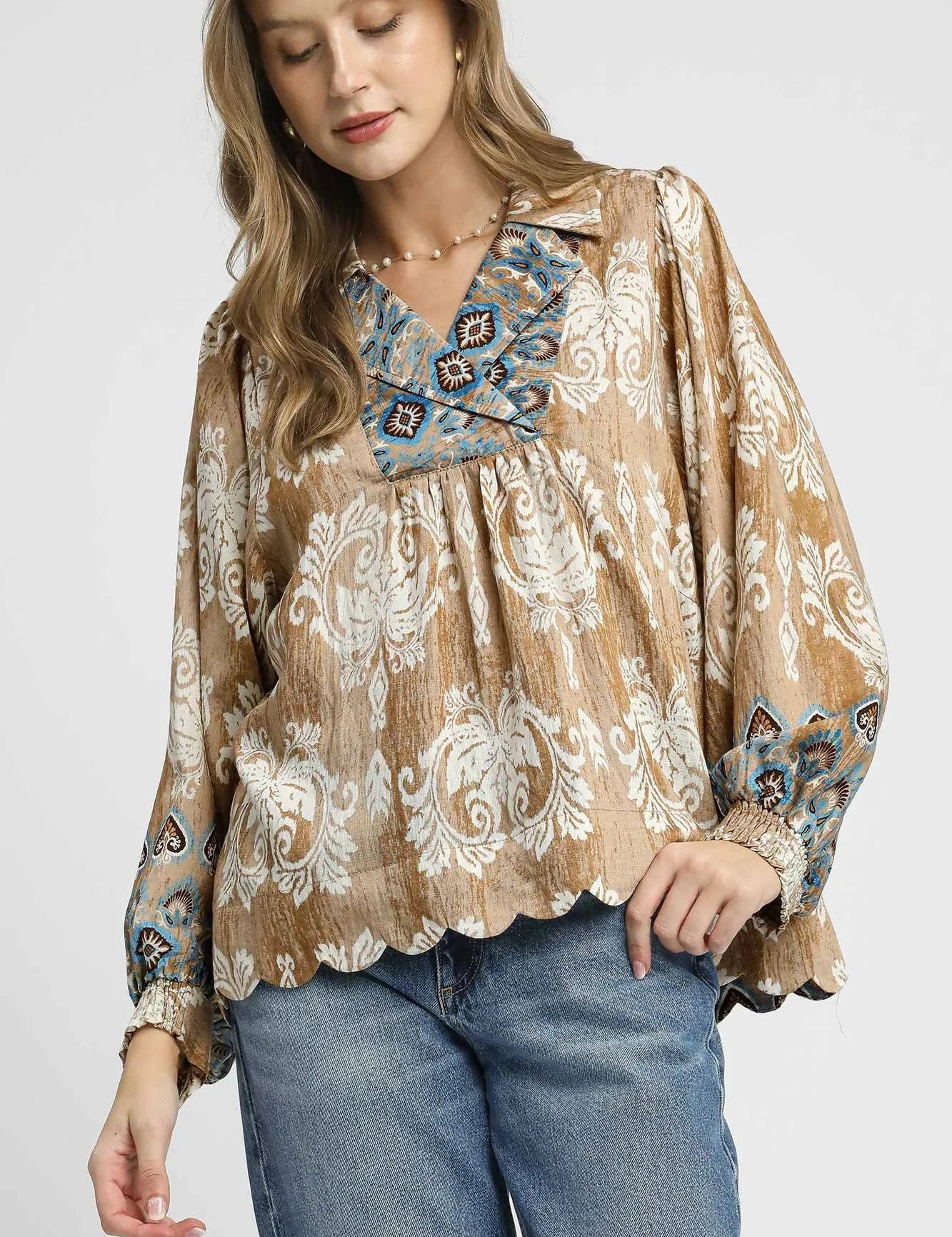 Taupe M Umgee Floral Boho Blouse with Scalloped Hem | Daverri Fashions