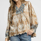 Umgee Floral Boho Blouse with Scalloped Hem Taupe