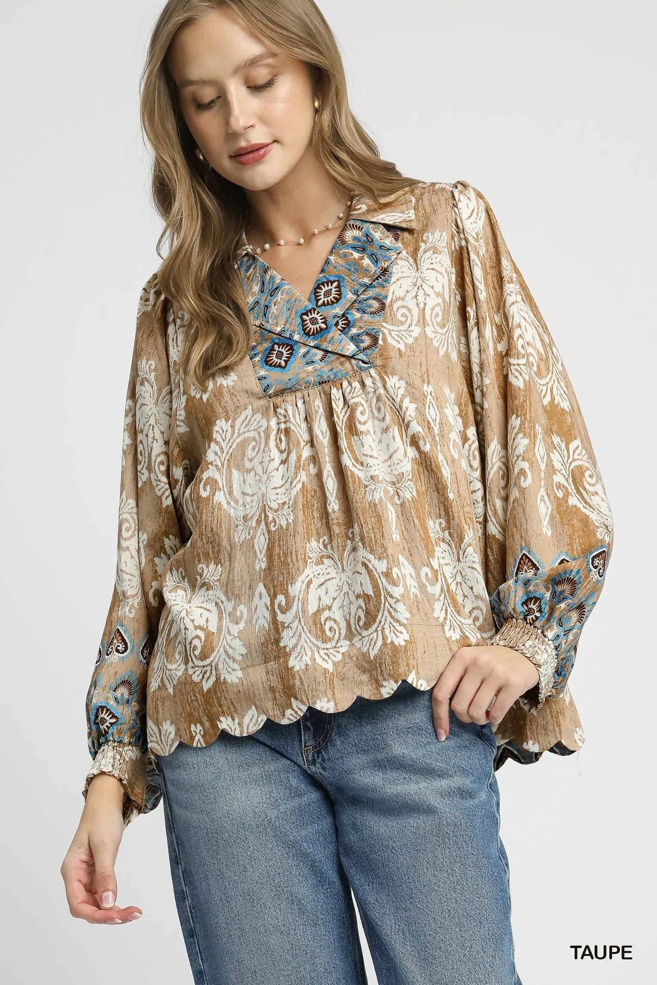Umgee Floral Boho Blouse with Scalloped Hem Taupe