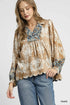 Umgee Floral Boho Blouse with Scalloped Hem Taupe
