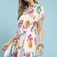 Umgee Floral Print Mini Dress with Belt, vibrant cream botanical motifs