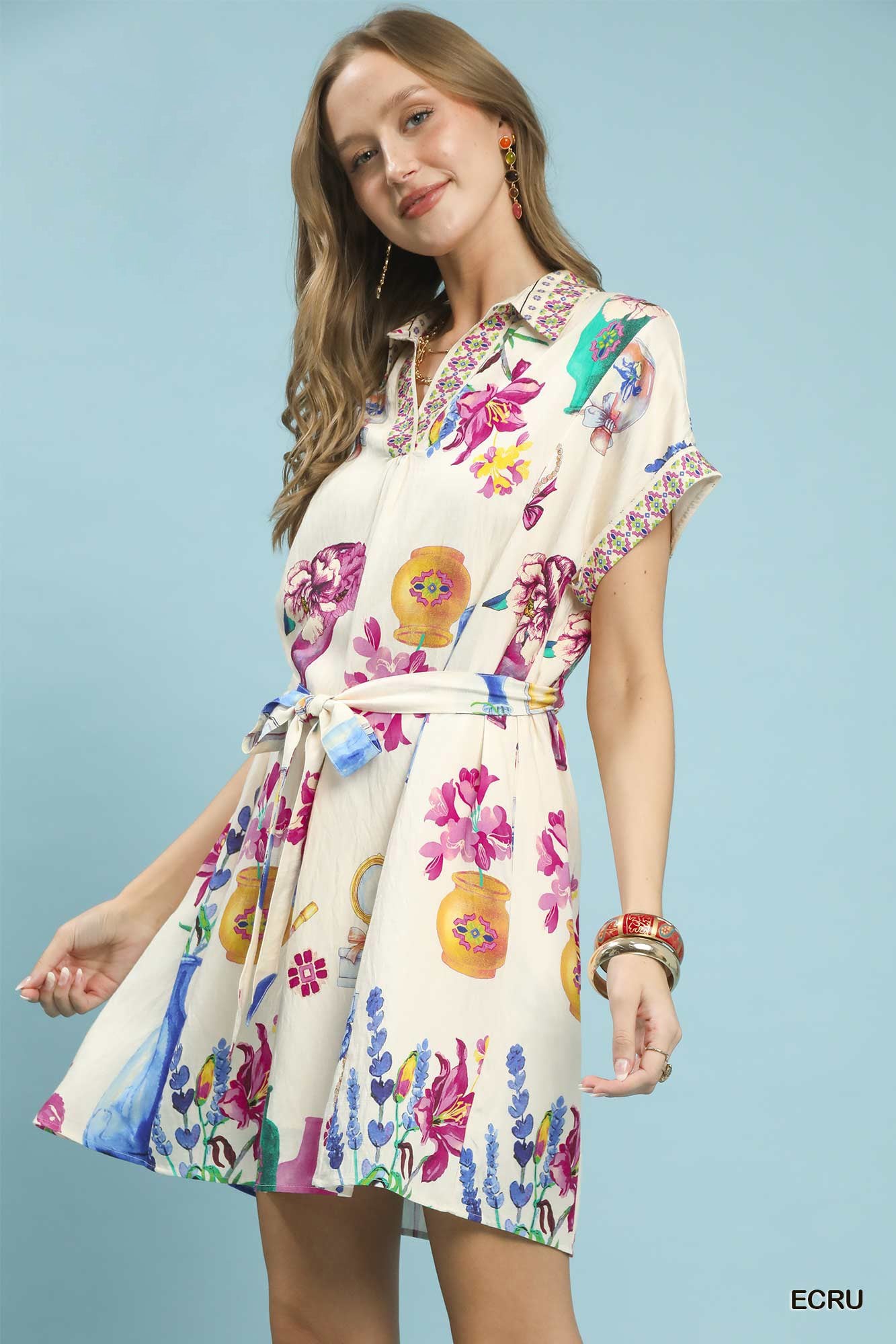 Umgee Floral Print Mini Dress with Belt, vibrant cream botanical motifs