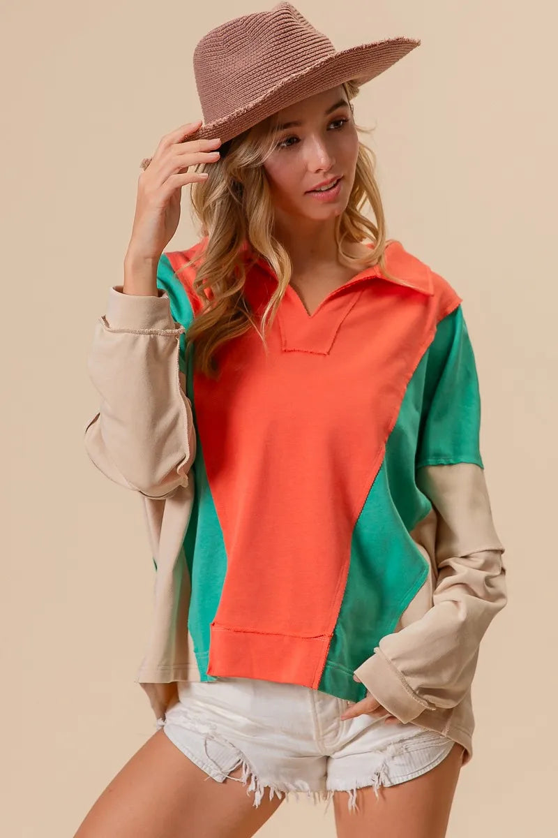 BiBi Colorblock Exposed Seam French Terry Sweatshirt | Daverri Fashions