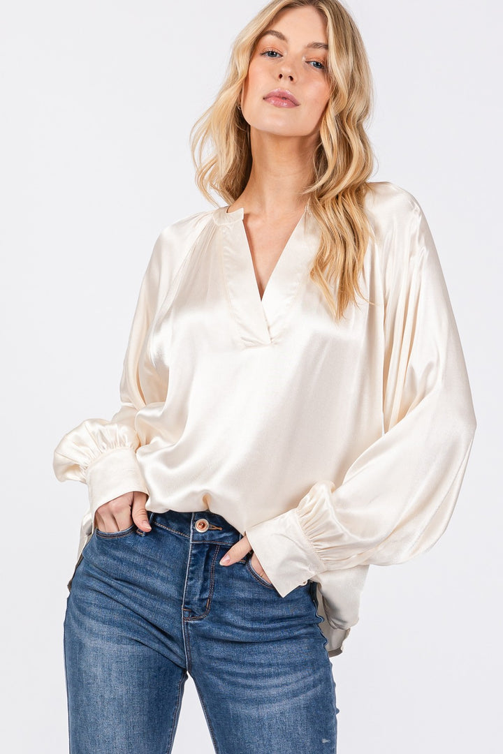 Notched Long Sleeve Blouse Tops