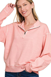 DK PINK Zenana F/terry Pigment Dye & Enzyme Washing Half Zip Top | Tops Daverri Fashions