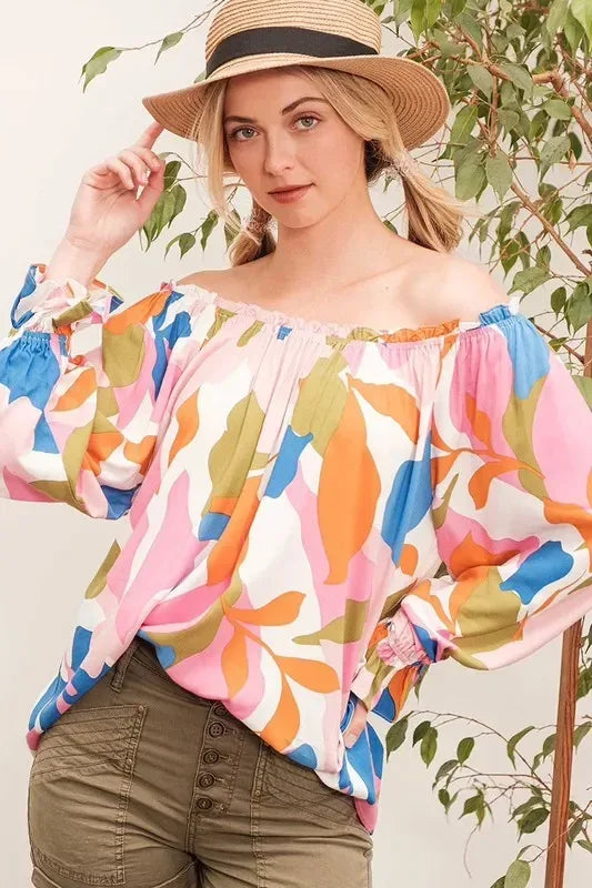 Lime 'N' Chili Abstract Print Off-the-shoulder Long Sleeve Top - DAVERRI FASHIONS