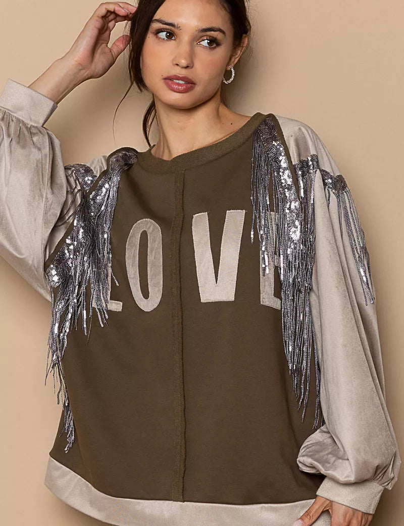 POL Balloon Sleeve French Terry Sweatshirt with Sequin Tassel | Daverri Fashions