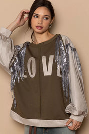 POL Balloon Sleeve French Terry Sweatshirt with Sequin Tassel | Daverri Fashions
