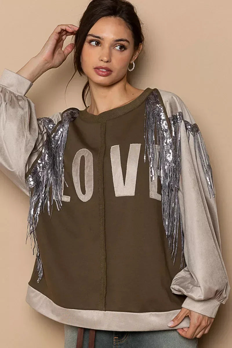 POL Balloon Sleeve French Terry Sweatshirt with Sequin Tassel - DAVERRI FASHIONS