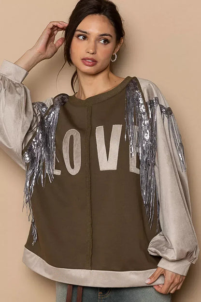 POL Balloon Sleeve French Terry Sweatshirt with Sequin Tassel - DAVERRI FASHIONS
