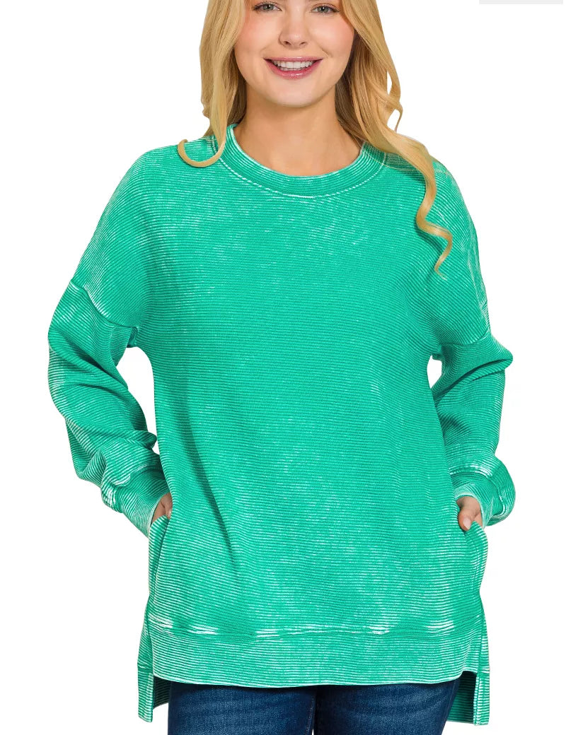 Zenana Full Size Acid Washed Double Ribbed Hi-low Sweatshirt Plus Size | Daverri Fashions