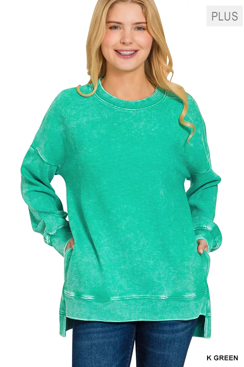 Zenana Full Size Acid Washed Double Ribbed Hi-low Sweatshirt Plus Size | Daverri Fashions