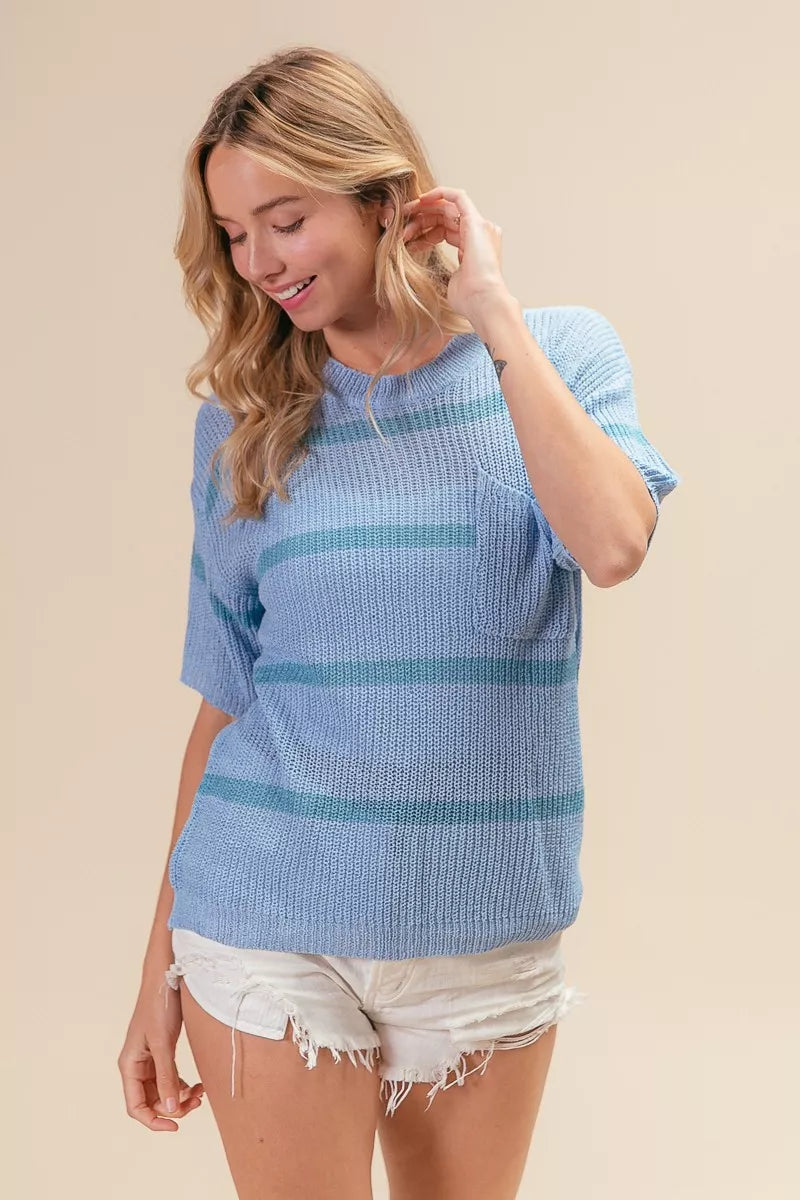 BiBi Patch Pocket Striped lightweight sweater top in light blue with teal stripes