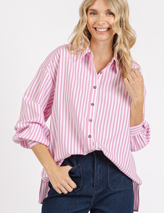 Mittoshop Button Down Striped Long Sleeve Shirt Pink