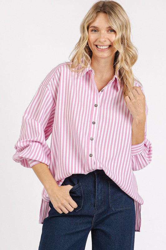 Mittoshop Button Down Striped Long Sleeve Shirt Pink