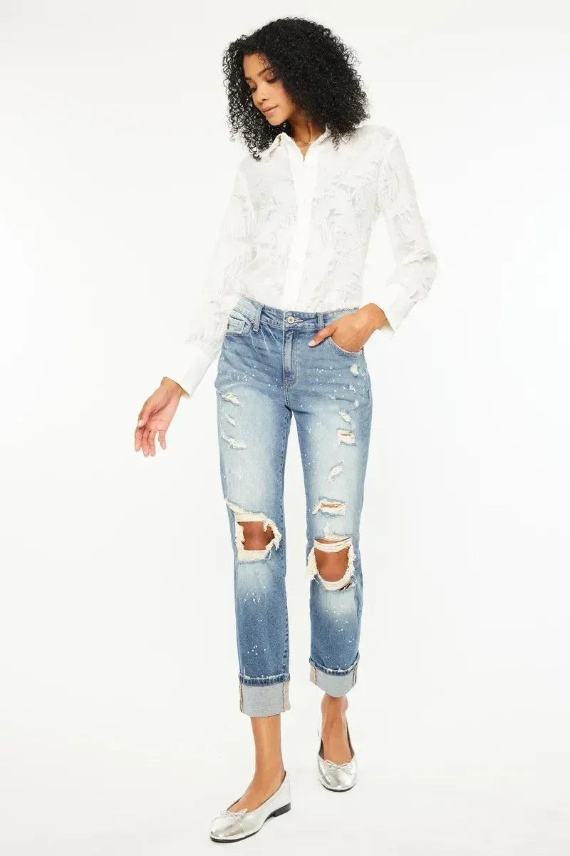 Kancan High Rise Distressed Boyfriend Fit Jeans - DAVERRI FASHIONS