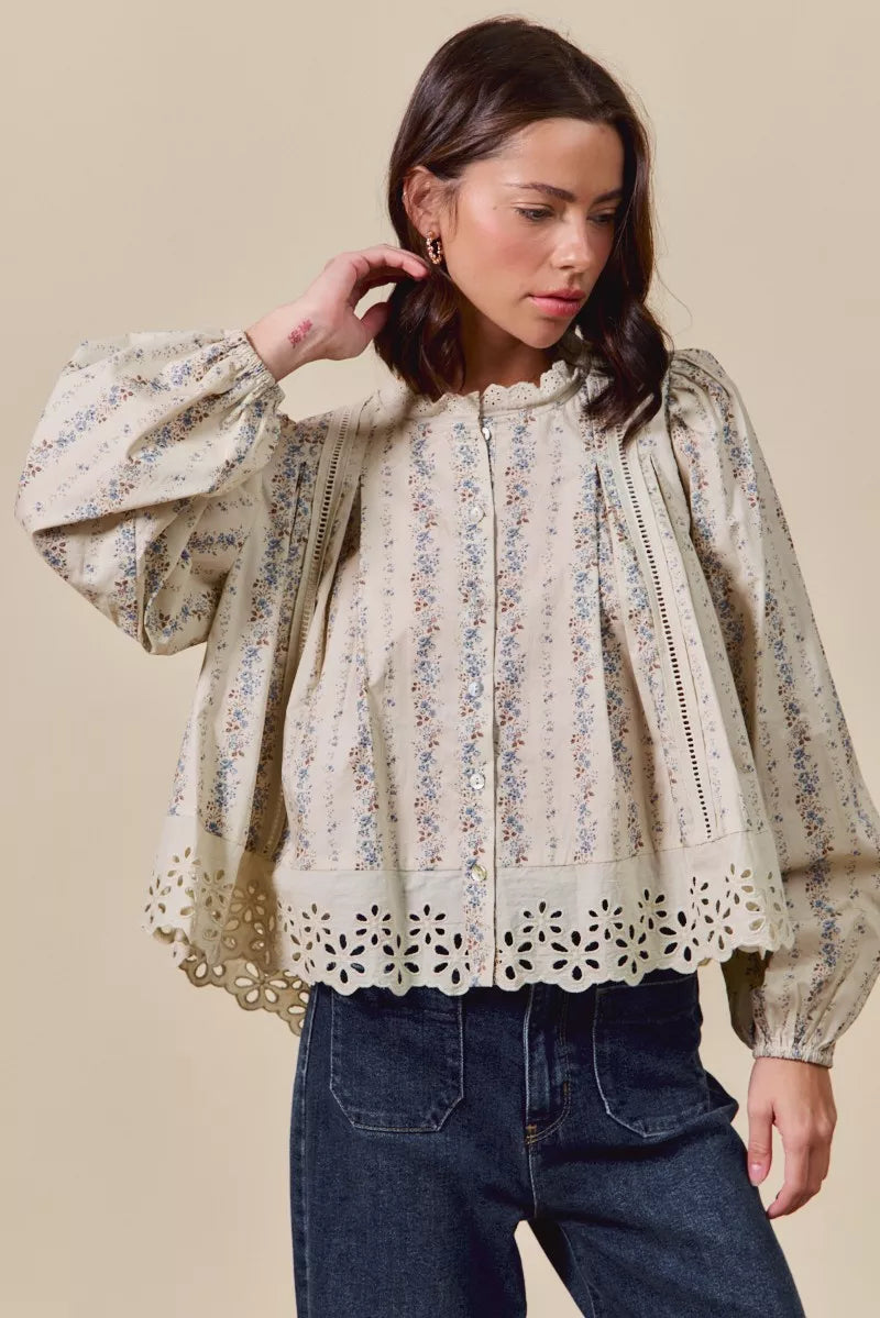 SO ME Floral Print Lace Button Down Shirt | Daverri Fashions
