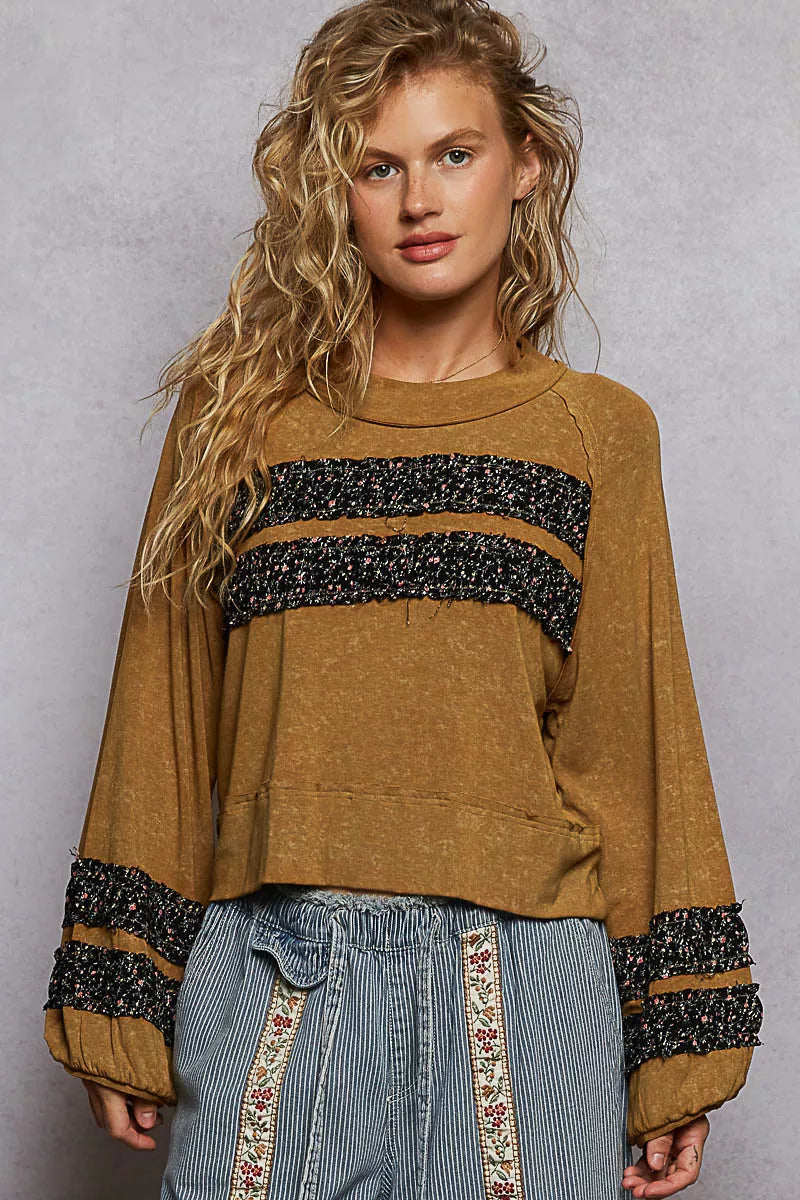 RUSTED OCHRE POL Print Patch Round Neck Balloon Sleeve Cropped Top | Tops Daverri Fashions