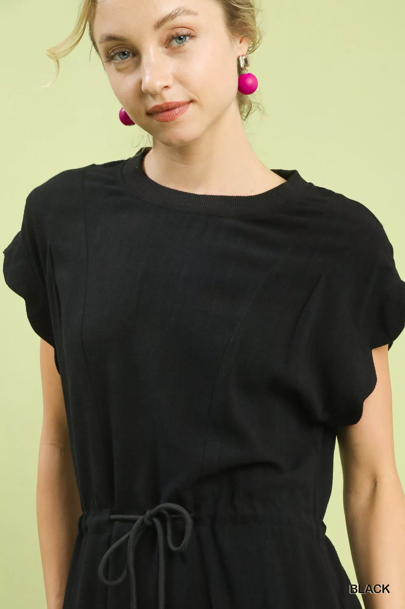 Umgee linen blend scallop hem mini dress in black with ruffled sleeves