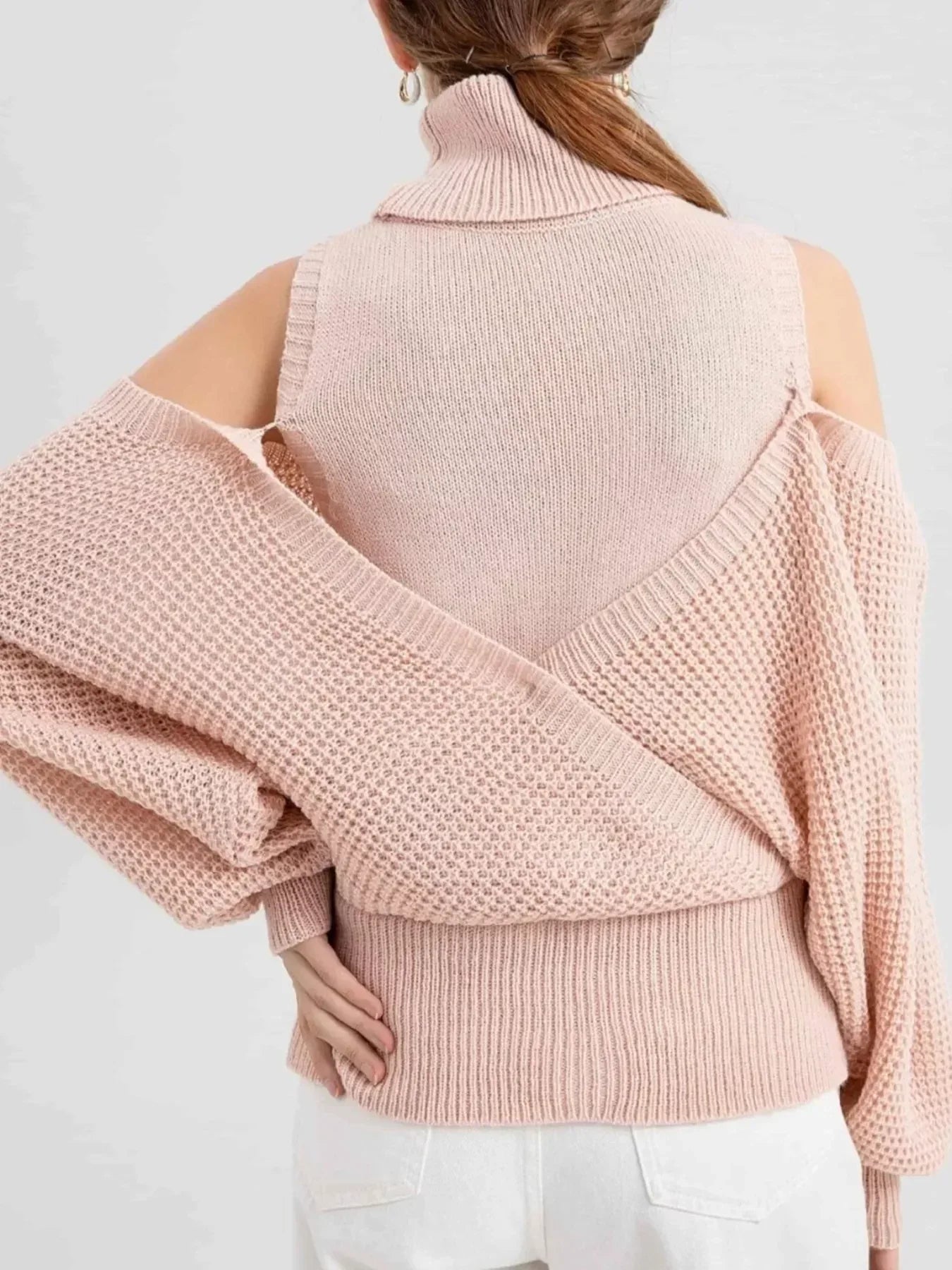 Waffle Knit Cold Shoulder Turtleneck Sweater - DAVERRI FASHIONS