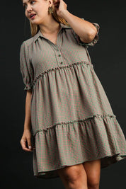 Umgee Full Size Plaid Frill Button Detail Ruffled Short Sleeve Dress Plus Size | Daverri Fashions