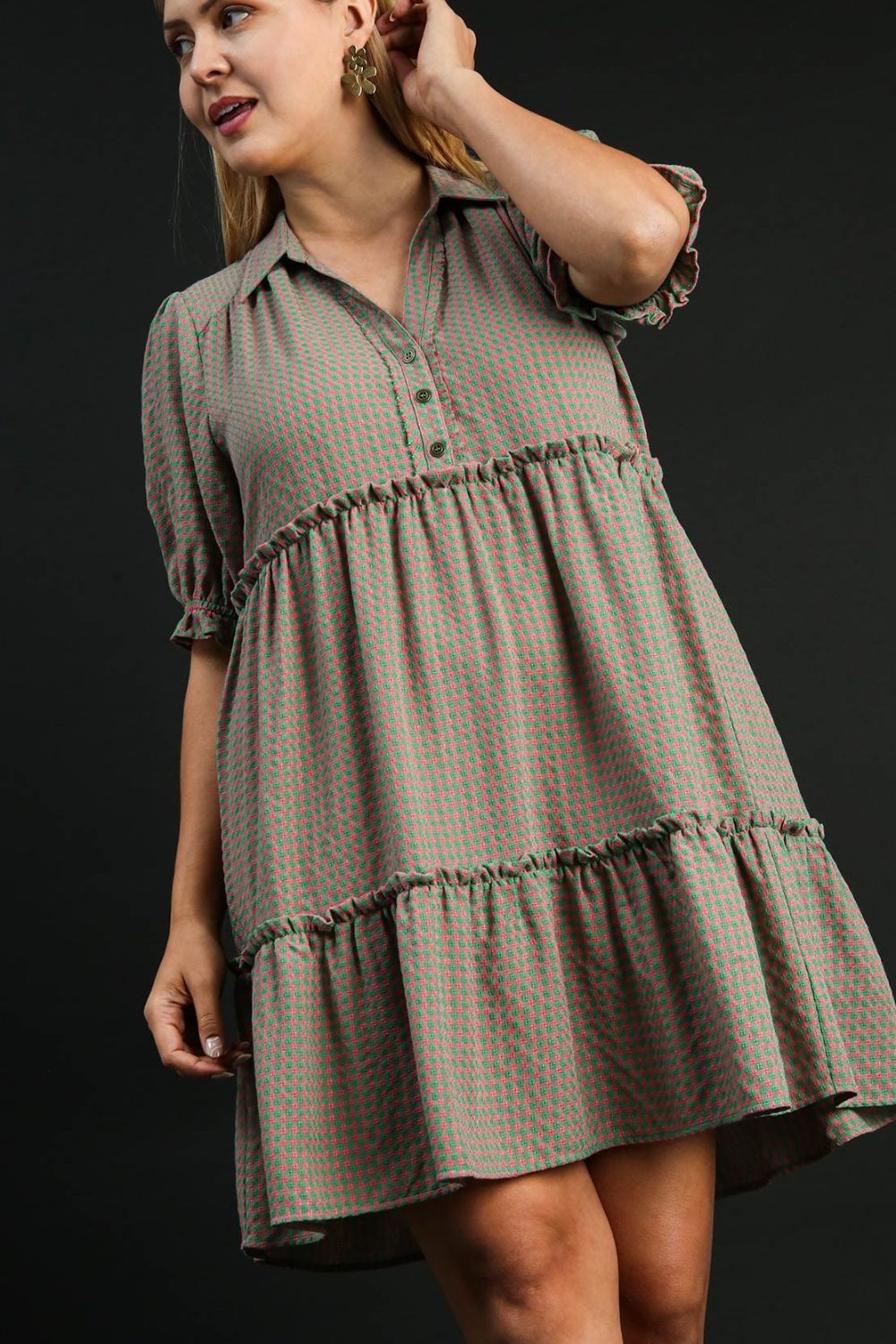 Umgee Full Size Plaid Frill Button Detail Ruffled Short Sleeve Dress Plus Size