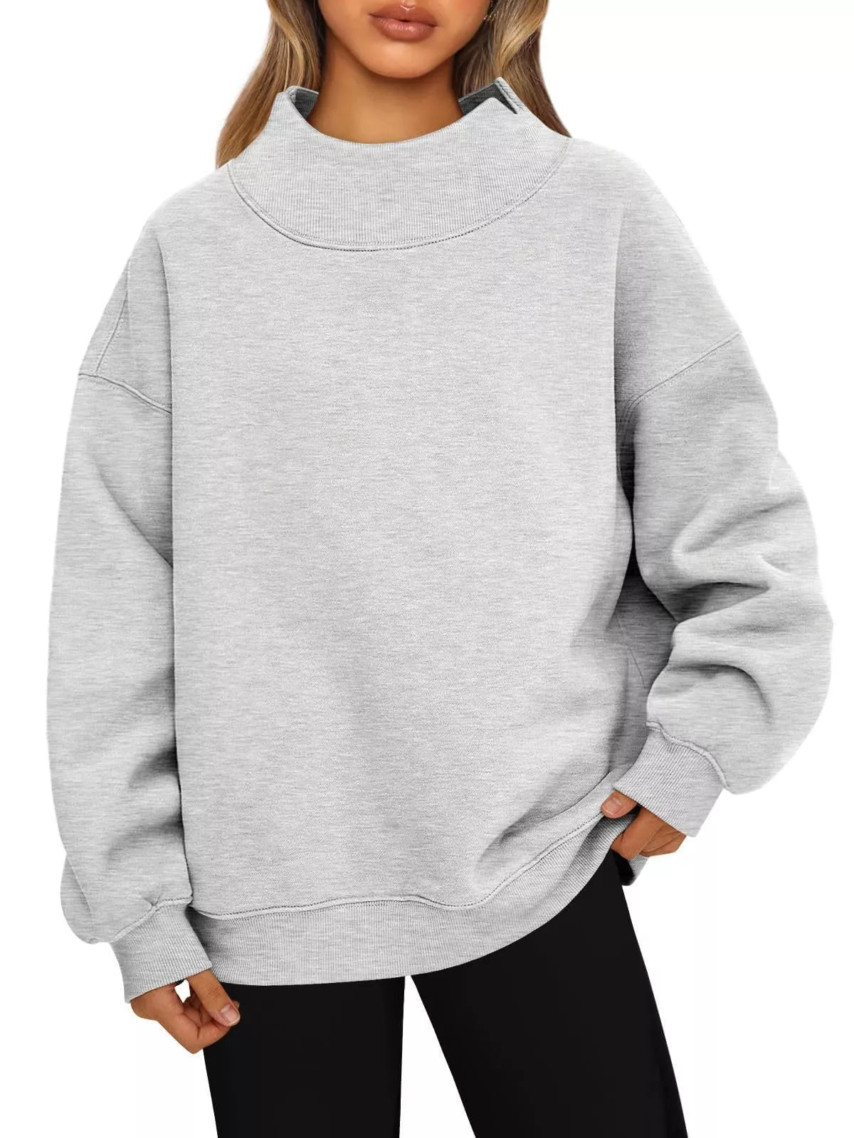 Light gray oversized mock neck dropped shoulder sweatshirt