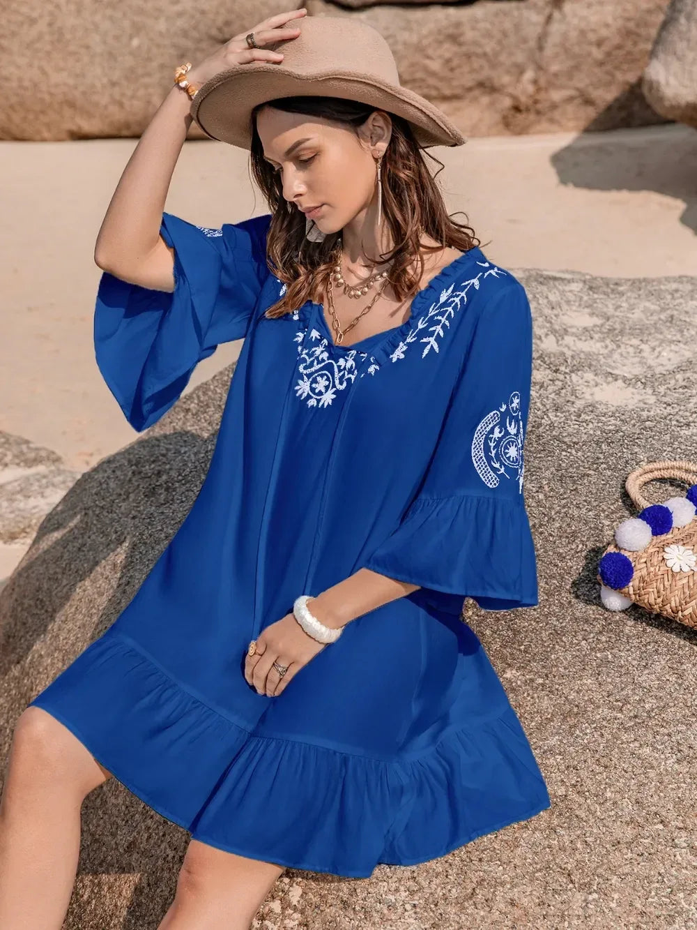 Printed Tie Neck Flounce Sleeve Mini Dress - DAVERRI FASHIONS